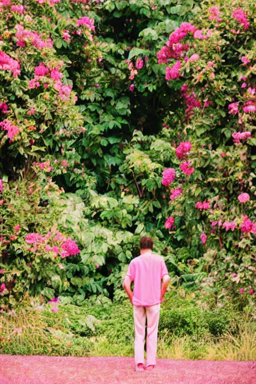 Prompt: kodak ultramax 4 0 0 photograph of a skinny guy standing in an exotic garden, back view, pink shirt, grain, faded effect,