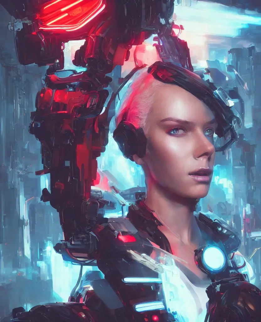 Image similar to A beautiful painting of a cyberpunk space jocky, girl with white hair fire red eyes sensual stare, Trending on artstation. augmentations and cybernetic enhancements neon circuits, greg rutkowski , hyperrealist, cinema4D, 8k highly detailed ❤️‍🔥 🔥 💀 🤖 🚀