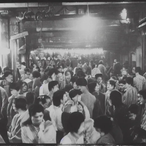 Image similar to crowded opium den, monochrome film, dreamlike,