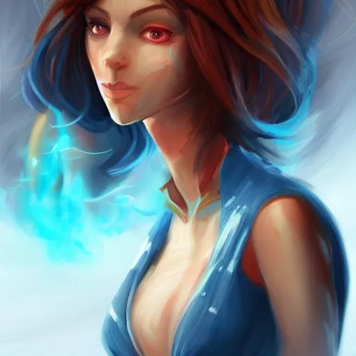Prompt: beautiful sorceress, accurate anatomy, only two hands, highly detailed, digital painting, artstation, concept art, smooth, sharp, blue reliastic smoke clouds, 8k