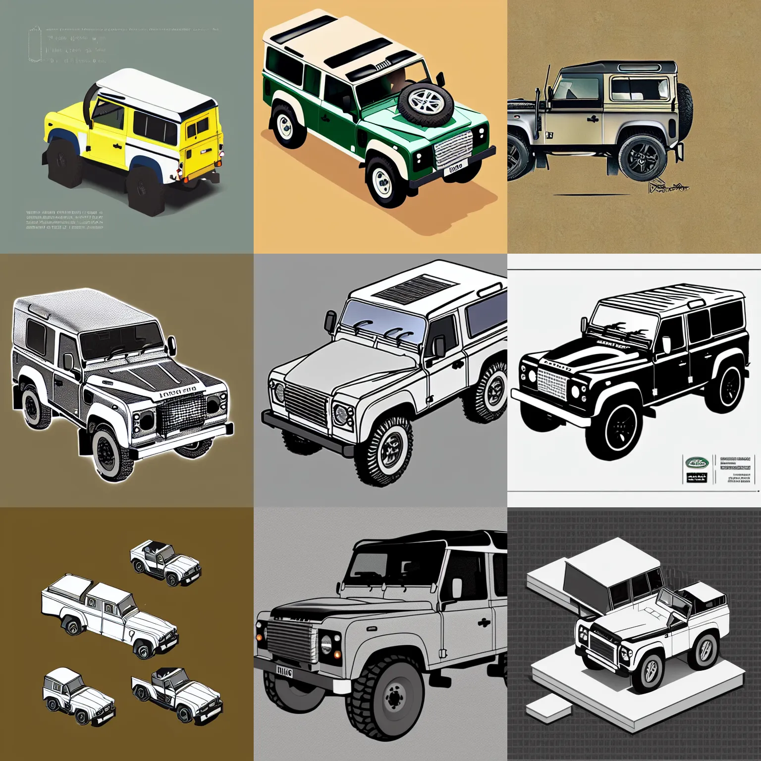 Prompt: Land Rover Defender, isometric illustration, technical drawing, vector art, bleach bypass
