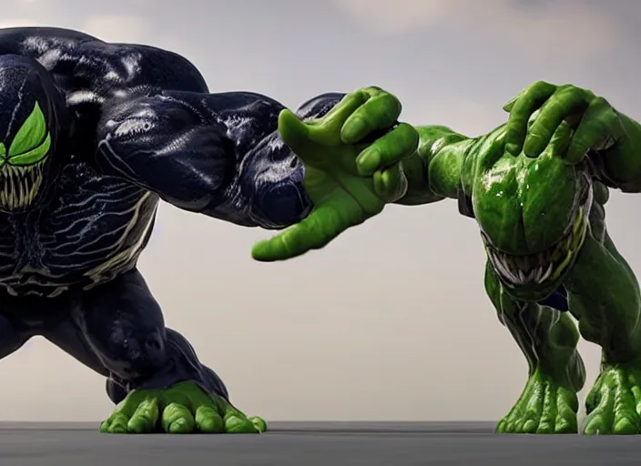 Image similar to venom fused with hulk, ultra realistic 4 k unreal engine very cinematic render with ray tracing bloom ambient occlusion strong reflections depth of field fog