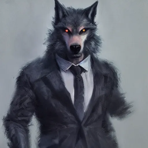 Prompt: werewolf wearing a suit by ruan jia, portrait