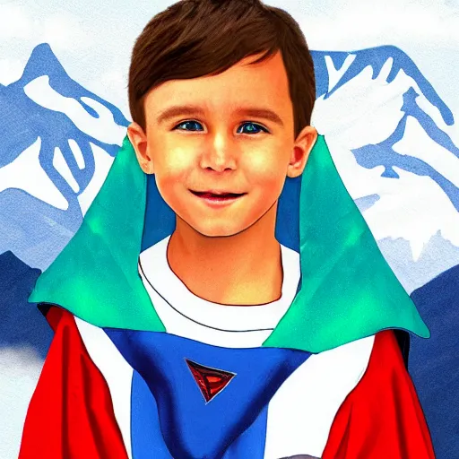 Prompt: 5 year old hero with a scar, a blue cape, standing atop a mountain in the Rockies, digital art, portrait