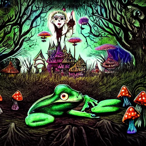 Image similar to scary fairy eating a frog in a psychedelic mushroom village, art style of junji ito, cel animation , masterpiece , post-processing , intricate , legendary matte painting