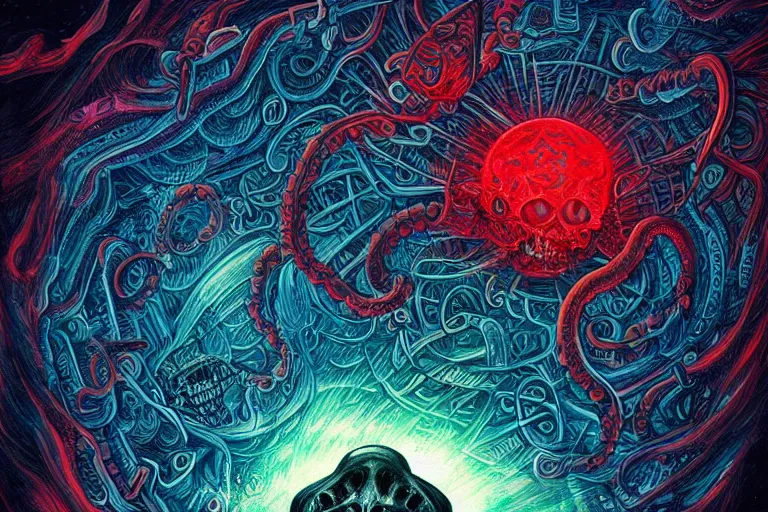 Image similar to a giant skull with intricate rune carvings and red eyes with lovecraftian tentacles emerging from a space nebula by dan mumford, smoke trails, digital art, photorealistic, vivid colors, highly detailed, intricate