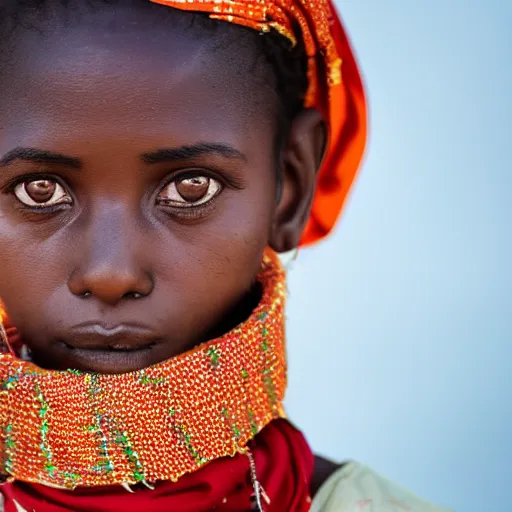 Prompt: A straight-on close-up head and shoulders photo of a 14-year-old Sudanese girl wearing a traditional dress, optimistic about the future, sunset reflecting in her eyes, wearing an almost-invisible NASA space suit helmet that is barely visible to us, 4K 85mm f/2