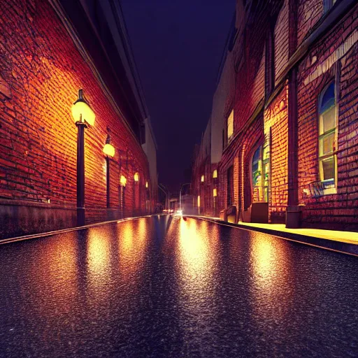 Image similar to dark neon lit streetscape, brick buildings, tall, dark lighting, cars, people, tail lights, headlights, wet rainy night, top - rated, award winning, realistic, detailed lighting, detailed shadows