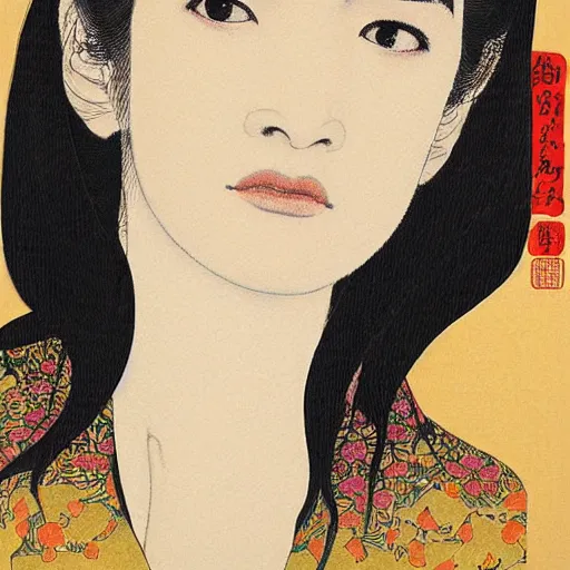 Prompt: “ rachel weisz portrait by ikenaga yasunari and ayana otake and ko rakusui, 6 0 s poster, drawing, realistic, sharp focus, japanese, dreamy, nostalgia, faded, golden hues, floral clothes ”
