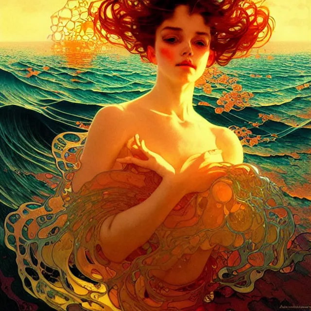 Image similar to mind bending ocean waves of glossy psychedelic liquid honey drops flowing like kaleidoscopic translucent amber, lsd waves, lsd ripples, crystal clear, backlit, sunset, refracted lighting, art by collier, albert aublet, krenz cushart, artem demura, alphonse mucha