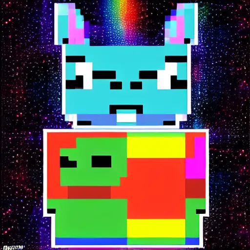 Image similar to cat with a cute face and rectange body, 8 - bit, cartoon, nyan cat, rainbow trail, in space, deviantart