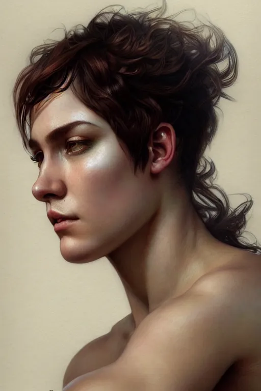 Image similar to photorealistic portrait of a young butch fae woman, handsome, female, masculine, upper body, fantasy, fierce, sharp features, intricate, elegant, highly detailed, digital painting, artstation, concept art, matte, sharp focus, illustration, art by artgerm and greg rutkowski and alphonse mucha