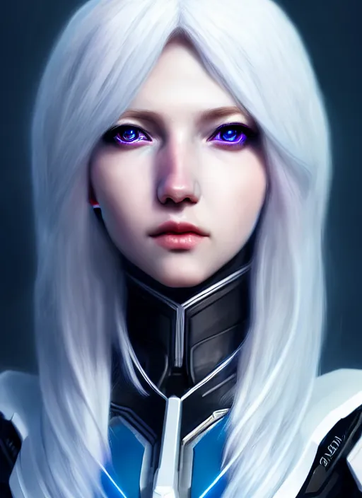 Image similar to detailed portrait of perfect white haired girl, android, warframe armor, beautiful, pretty face, blue cyborg eyes, innocent, scifi, 4 k, sun yunjoo, ultra realistic, aura of light, cinematic lighting, highly detailed, sharp focus, artstation, masterpiece, art by hyungjin yang