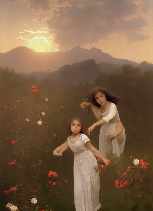 Image similar to oil painting portrait of a family one with long flowing hair in a white dress, dancing through a field of flowers at sunset with mountains in the background, hazy, chiaroscuro, artstation, cinematic, golden hour, digital art painting by diego velasquez, - adolphe bouguereau, hazy atmosphere, flowers, cinematic lighting