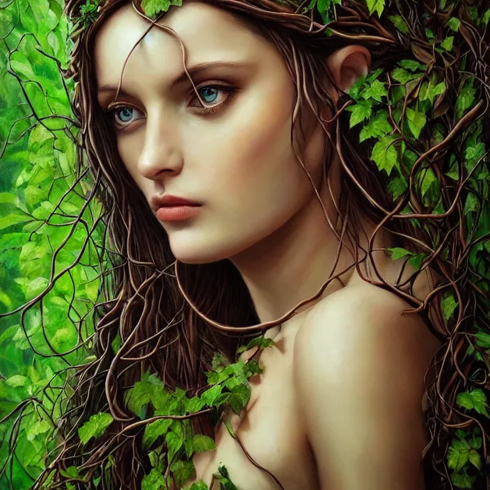 Image similar to nature goddess, beautiful portrait, entwined in vines and nature, forest theme, dark forest, light shining through, hyper - realistic, extremely detailed