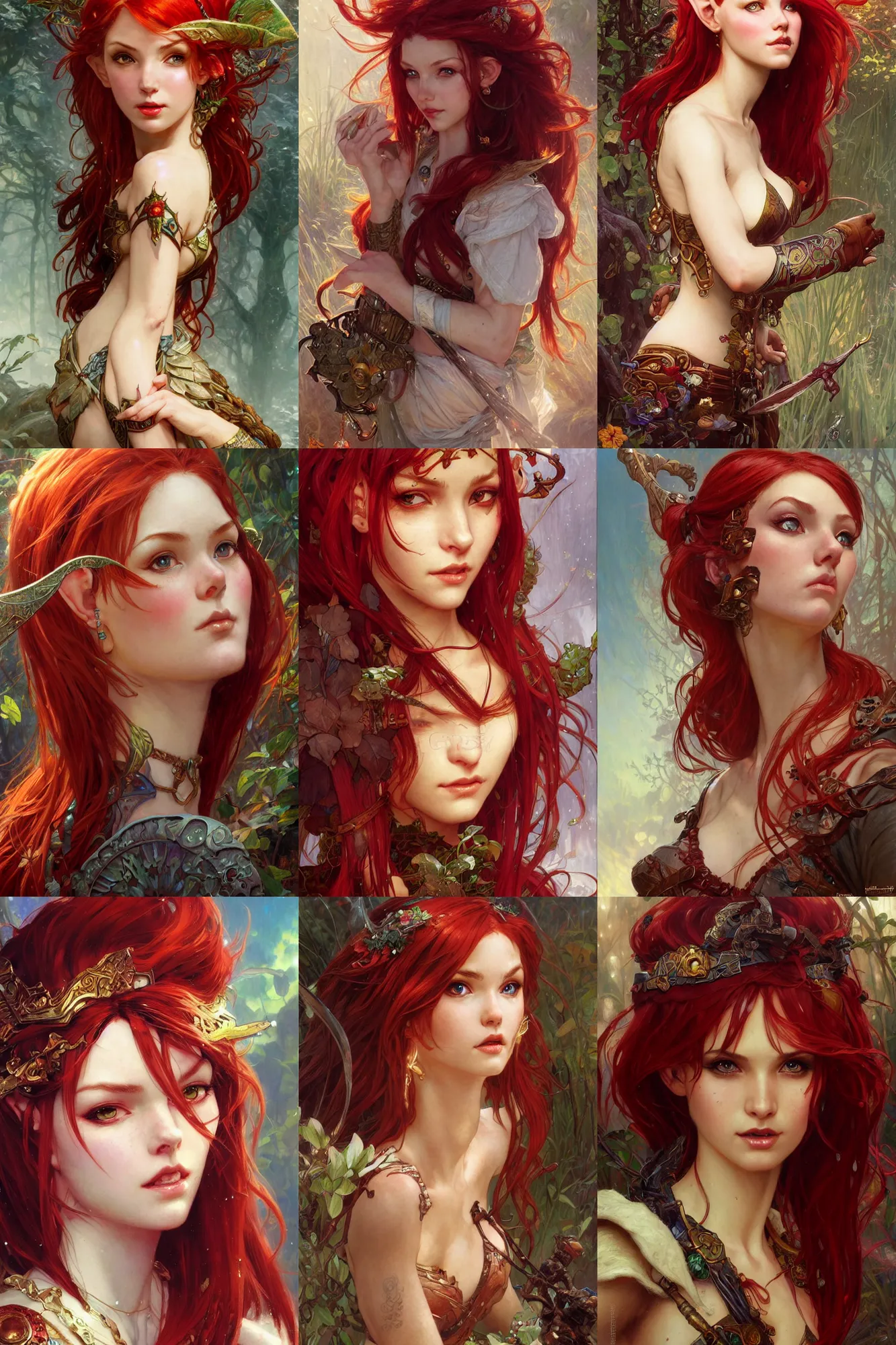 Prompt: alluring closeup portrait of beautiful high-fantasy elf girl with red hair intricate details by Stanley Artgerm Lau, greg rutkowski, thomas kindkade, alphonse mucha, loish, norman rockwell J.