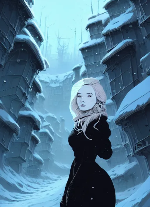 Prompt: highly detailed portrait of a hopeful frostpunk long blonde hair lady with curvy short black dress, stray wiring by atey ghailan, james gilleard, by joe fenton, by greg rutkowski, by greg tocchini, by kaethe butcher, 4 k resolution, gradient blue, black and white color scheme!!! ( ( ice and snow entrenched robotic dystopian city background ) )