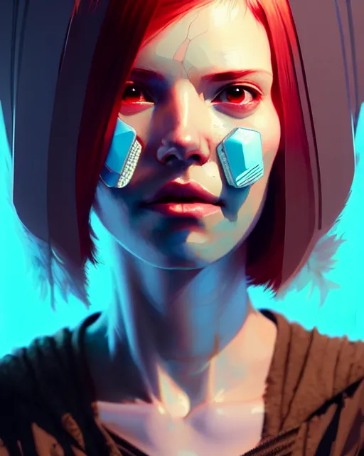 Prompt: cyberpunk synth, hyper - realistic detailed portrait of a smiling girl, red hair, by atey ghailan, by greg rutkowski, by greg tocchini, by james gilleard, by joe fenton, by kaethe butcher, 8 k, very intricate, dynamic lighting, gradient light blue, brown, blonde cream and white color scheme, sharp focus, grunge aesthetic