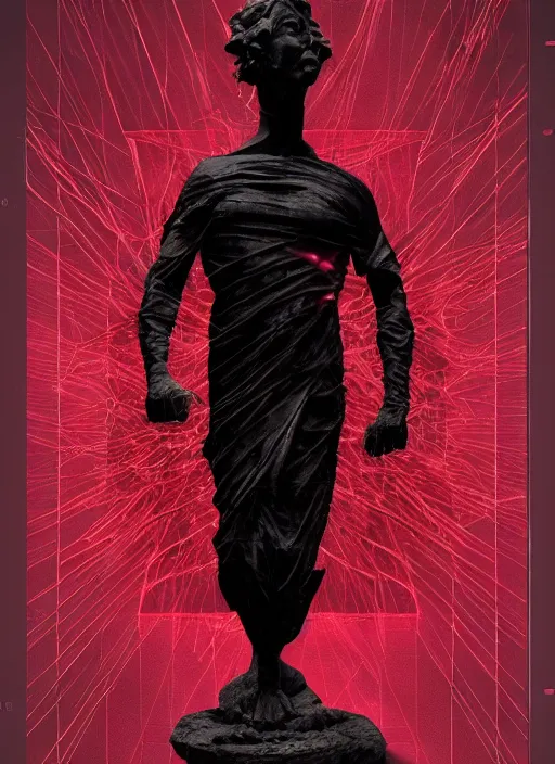 Image similar to elegant dark design poster showing a greco roman statue, black background with very subtle red purple design elements, powerful, nekro, vito acconci, thin straight lines, dark, glitch art, neo vaporwave, gritty, layout frame, square, trending on artstation