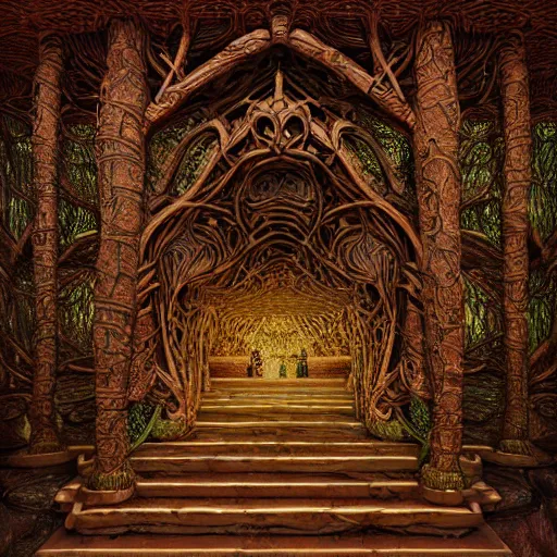 Image similar to Photorealistic magic elven temple made of intricately woven birch woodwork. Hyperdetailed photorealism, 108 megapixels, amazing depth, glowing rich colors, powerful imagery, psychedelic Overtones, 3D finalrender, 3d shading, cinematic lighting, artstation concept art