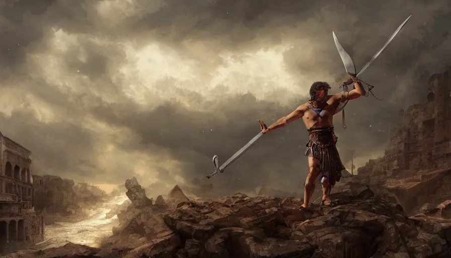 Prompt: Roman Gladiator raising his sword to the sky during a storm, hyperdetailed, artstation, cgsociety, 8k