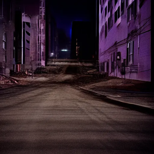 Image similar to color photograph, highly detailed abandoned New York city street at night after the war between humans and AIs, film grain, soft vignette, sigma 85mm f/1.4 1/10 sec shutter, film still promotional image, IMAX 70mm footage