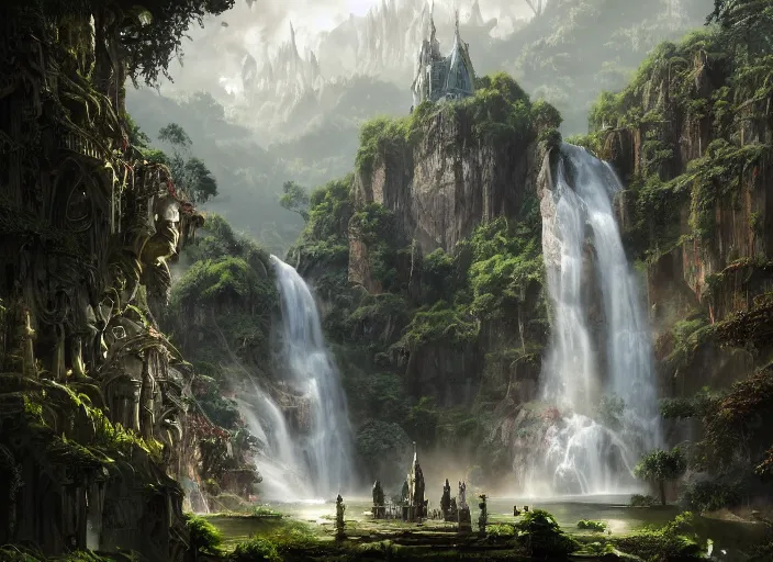 Image similar to A beautiful elven city made of ivory, waterfall, lush trees, fountain, built into the side of a cliff, a fantasy digital painting by Greg Rutkowski and James Gurney, trending on Artstation, highly detailed