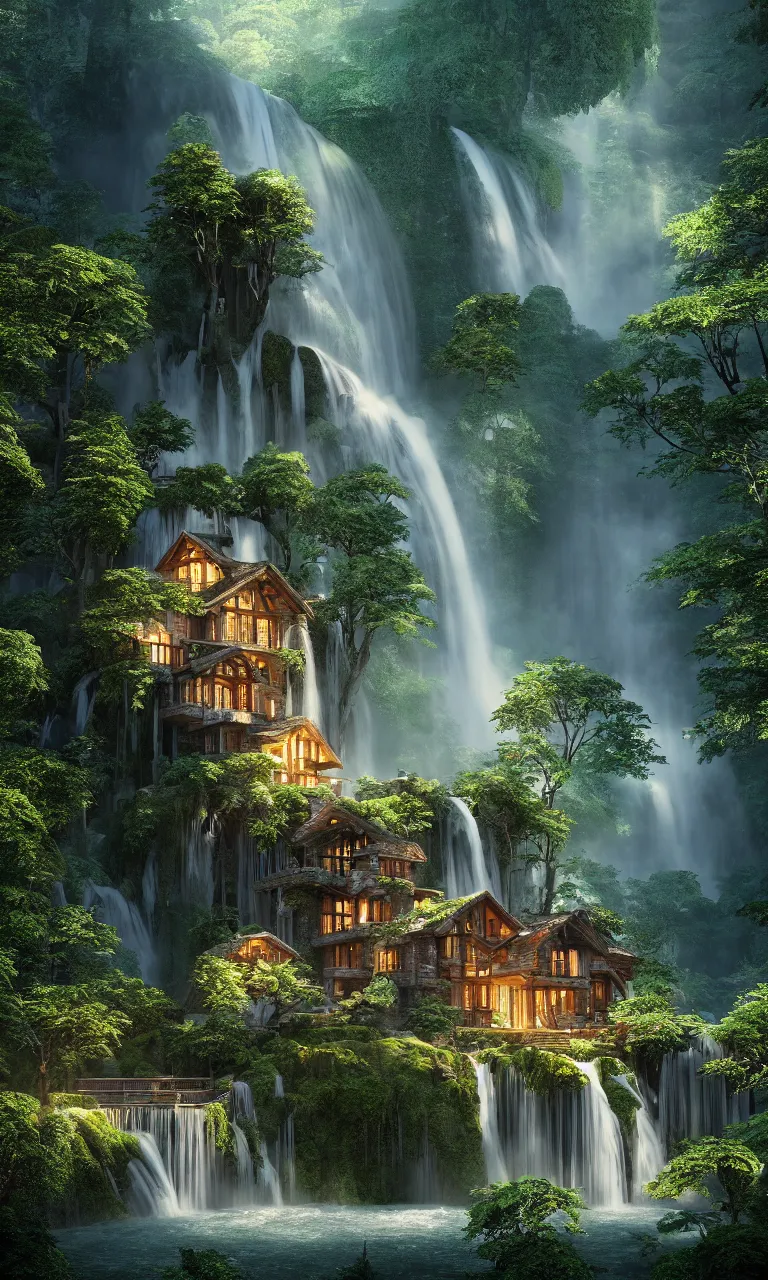 Image similar to beautiful big house in the forest, a big waterfall flows down from the mountain, octane render, fabulous, hyper detailed, random cinematic view, no noise, global illumination, warm lighting, volumetric, godrays, vivid, beautiful, by jordan grimmer