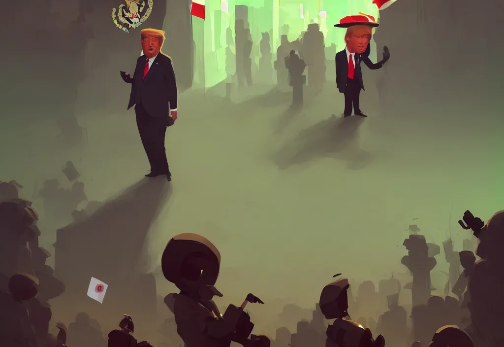 Prompt: donald trump dressed as mexican, presidental elections candidates, cnn, fox news, fantasy, by atey ghailan, by greg rutkowski, by greg tocchini, by james gilleard, by joe gb fenton, dynamic lighting, gradient light green, brown, blonde cream, salad and white colors in scheme, grunge aesthetic