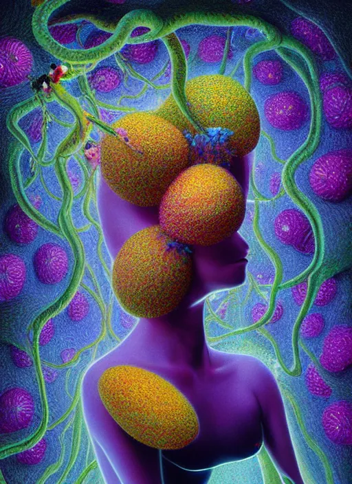 Image similar to hyper detailed 3d render like a Oil painting - Aurora (Singer) Eats of the Strangling Fruit and Her gossamer polyp blossoms bring iridescent fungal flowers whose spores black the foolish stars by Jacek Yerka, Mariusz Lewandowski, Houdini algorithmic generative render, Abstract brush strokes, Masterpiece, Edward Hopper and James Gilleard, Zdzislaw Beksinski, Mark Ryden, Wolfgang Lettl, hints of Yayoi Kasuma, octane render, 8k