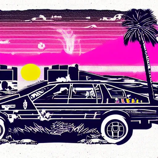 Image similar to wasteland hotline miami desert apocalypse car wide shot landscape nuke fire craters end of the world miami beach sunset palm trees 80s synth retrowave delorean decal