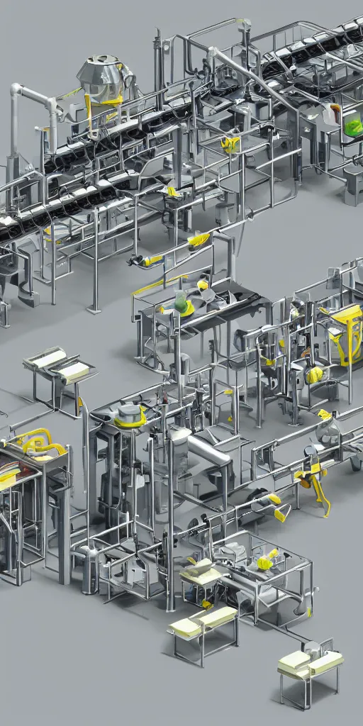 Image similar to concept art, industrial synthetic food production line.