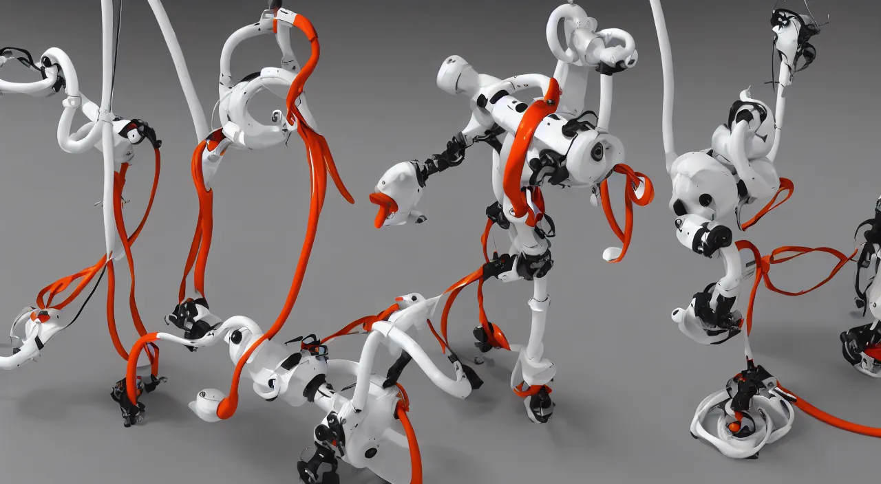 Image similar to three large white glossy kuka industrial robot arms in a gym swinging a jump rope for children, global illumination, artstation, fantasy