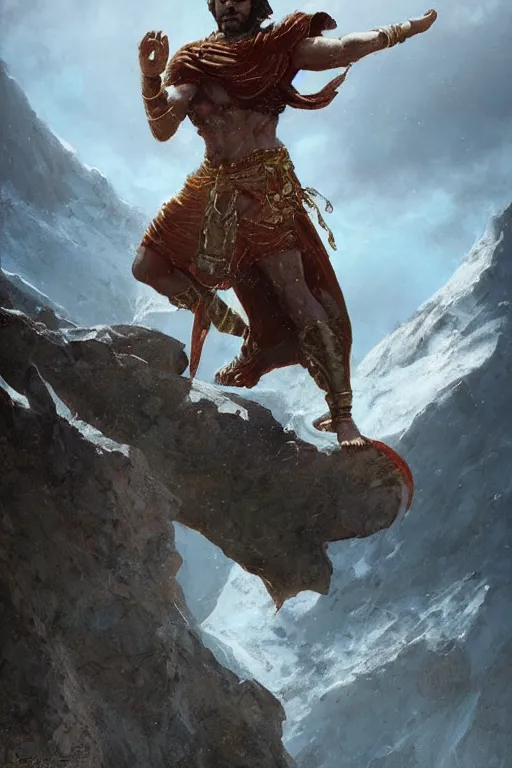 Prompt: ancient persian super hero the rostam by ferdowsi on mountain damavand peak, art by greg rutkowski, dark fantasy art, high detail, trending on artstation, insane details, dramatic lighting,