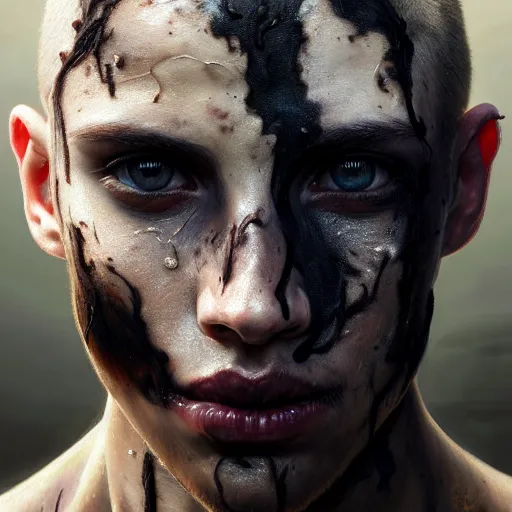 Image similar to portrait painting of young man with burn scars on his face and poorly shaved hair wearing tattered light armor, ultra realistic, concept art, intricate details, eerie, highly detailed, photorealistic, octane render, 8 k, unreal engine. art by artgerm and greg rutkowski and charlie bowater and magali villeneuve and alphonse mucha