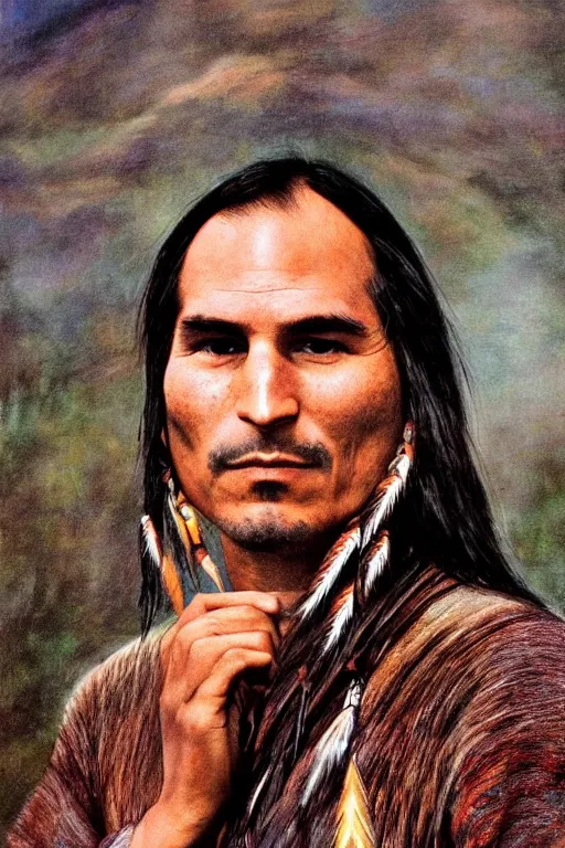 Prompt: Photo of Native American indian man Steve Jobs, portrait, skilled warrior of the Apache, ancient, realistic, detailed, Emma Watson