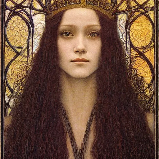 Prompt: detailed realistic beautiful young medieval queen face portrait by jean delville and tony diterlizzi, art nouveau, symbolist, visionary, gothic, pre - raphaelite