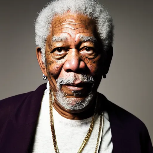 Image similar to a studio photograph of Morgan Freeman dressed as Travis Scott, 40mm lens, shallow depth of field, split lighting