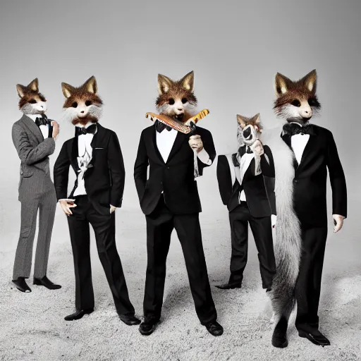 Image similar to music album cover, with foxes animals dressed in suits, holding guitars, on a beach, all looking at camera, studio lighting, 8 5 mm f / 1. 4