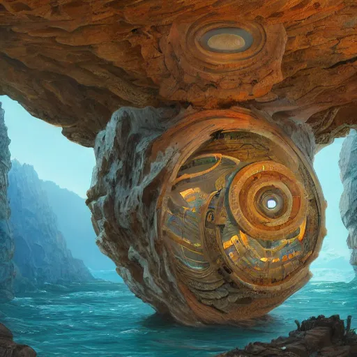 Prompt: a gigantic paleolothic torus made of stone with highly detailed carvings of intricate shamanic robotic electronics and circuitry, in a mediterranean lanscape, inside a valley overlooking the sea, in the style of andreas rocha