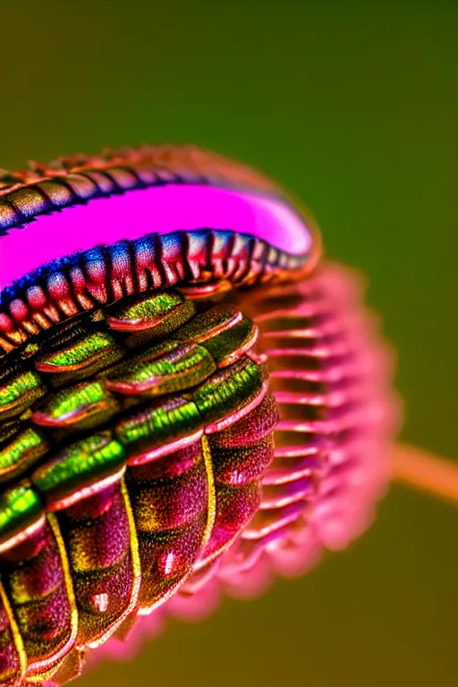 Image similar to high quality macro photo iridescent cyborg caterpillar! cute highly detailed david ligare elson peter cinematic pink lighting high quality low angle hd 8k sharp shallow depth of field