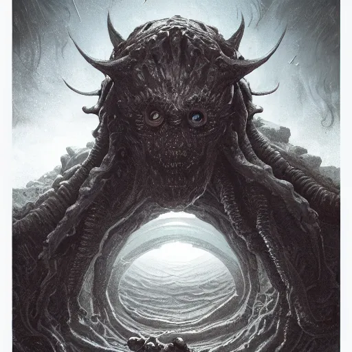 Image similar to the large enormous giant head of a monster appearing from a portal in the sky. lovecraft. lovecraftian. eldritch monster. detailed. uhd. photo realistic. realistic. by simon fetscher. andrei riabovitchev