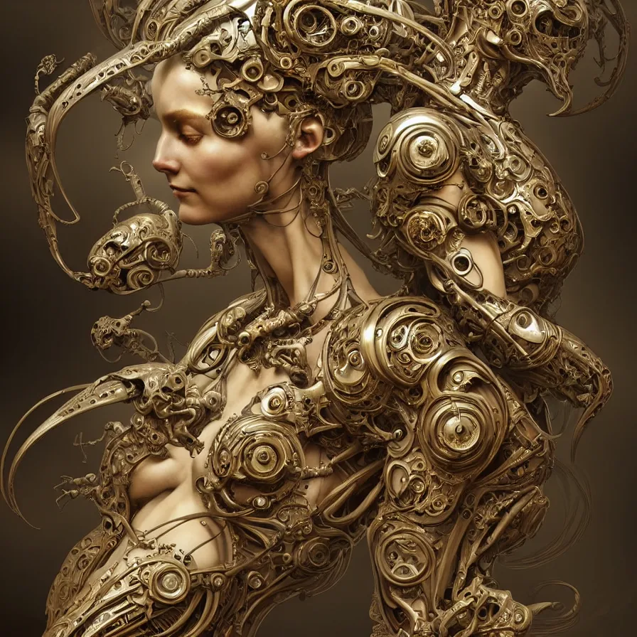 Prompt: organic cyborg, european rococo style metal carving, diffuse lighting, fantasy, intricate, elegant, highly detailed, lifelike, photorealistic, digital painting, artstation, illustration, concept art, smooth, sharp focus, art by john collier and albert aublet and krenz cushart and artem demura and alphonse mucha