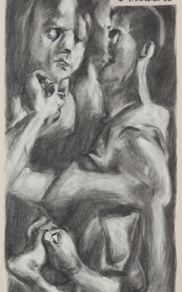 Prompt: charcoal drawing approving ( 1 9 6 7 ) | book cover artwork