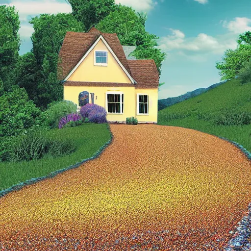 Prompt: blooming gravel path, house on a hill, digital art