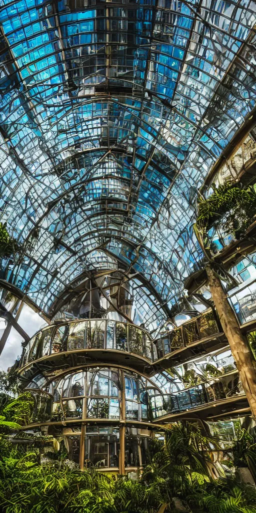 Prompt: a futuristic steampunk science building made of huge glass panes ornate posts and beams and futuristic architecture, built in the middle of a lush tropical rainforest, realistic afternoon lighting, shot with a canon 20mm lens