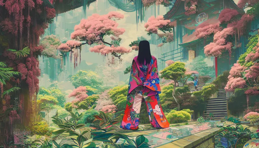 Image similar to a digital painting of a magical japanese temple with a woman wearing gucci exploring, lush plants and flowers, eco - cyberpunk art by james jean, cgsociety, retrofuturism, anime aesthetic, chromatic, iridescent, uhd