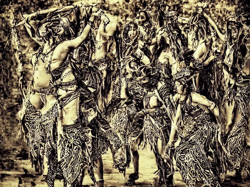 Image similar to surreal, tribal dance, art by mirella stern, mark fredrickson, dali, grunge filter effect