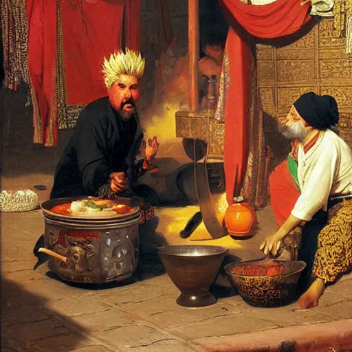 Prompt: orientalist painting of guy fieri cooking over a pot in the bazaar by jean - leon gerome and otto pilny and adrien henri tanoux