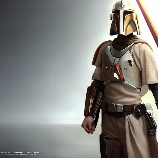 Image similar to a young blonde male jedi with short hair standing still, full body photography, extremely long shot, long shot, over the shoulder shot, ots shot, third-person shot, full-length, head-to-toe, concept art by Doug Chiang cinematic, realistic painting, high definition, concept art, the Mandalorian concept art style